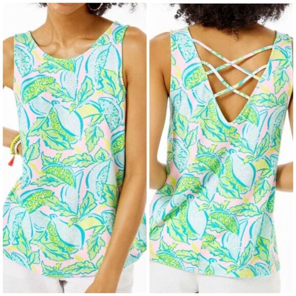Lilly Pulitzer Lemon Grove Crisscross Back Tank Top Sz L Made in Peru - Picture 1 of 7